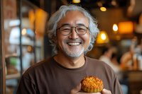 Cheerful mature Asian man with gray hair and glasses holding fresh baked fruit tart in cafe setting, expressing genuine joy and satisfaction with warm smile.
