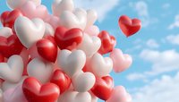 Red and white heart-shaped balloons floating against blue sky with fluffy clouds, creating romantic atmosphere for Valentine's Day, wedding or love celebration.