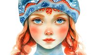 Young woman with bright blue eyes and ginger hair wearing blue patterned headband with peace symbol, watercolor style portrait showing gentle expression and rosy cheeks.