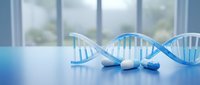 DNA double helix structure on laboratory table with modern medical research facility background for genetic science and biotechnology studies.