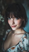 Young woman with short dark hair and blue eyes smiling gently against teal background, wearing floral patterned top. Perfect for lifestyle, beauty, and fashion advertising.