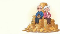 Elderly couple sitting on pile of golden coins representing retirement savings and financial security for senior citizens planning future investments.