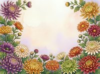 Autumn chrysanthemum flowers frame with colorful blooms and green leaves on soft gradient background for seasonal greeting cards and decorations.