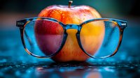 Fresh red apple with blue eyeglasses on wet surface against blurred background, creative composition with water drops and reflective lighting effects.