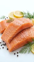 Fresh raw salmon fillets with dill herbs and lemon slices on white background for healthy cooking and seafood recipes.