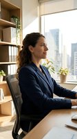 Professional woman with long curly dark hair and Mediterranean ethnicity sits at wooden desk in modern office, wearing navy blazer, gazing out floor-to-ceiling window at city skyline, with shelving and plants behind.
