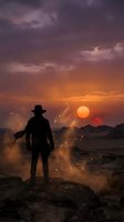 Silhouette of a cowboy standing in a dusty desert at dramatic sunset with glowing embers and twin suns in a moody purple-orange sky.