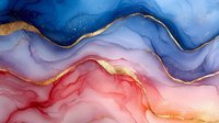 Abstract fluid art background with navy blue and coral pink watercolor waves decorated with golden veins, luxury marble texture for wall decor.