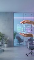 Businesswoman hands presenting holographic digital interface with data analytics icons in modern office environment for technology presentations.
