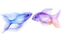 Ethereal blue and purple fish rendered in delicate translucent watercolor style swimming gracefully against white background, creating dreamy aquatic art composition.