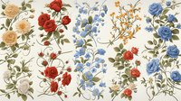 Elegant floral pattern with red roses, blue delphinium and peach roses creating vertical stripes on white background, perfect for textile and wallpaper design.