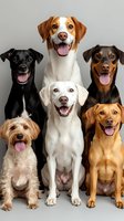 Group portrait of happy smiling dogs of different breeds and colors sitting together against light gray background, showing friendly expressions and tongues out.