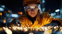 Young female industrial worker in protective yellow uniform and safety glasses examining sparks during night shift manufacturing process. Dramatic lighting.