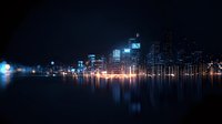 Modern city skyline reflected in calm water at night with glowing lights and skyscrapers creating mirror effect against dark sky. Suitable for urban lifestyle themes.