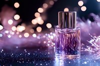 Luxury perfume bottle on sparkling surface with purple bokeh lights and glitter background creates magical atmosphere for cosmetic and fragrance advertising.