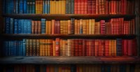 Vintage bookshelf with colorful leather-bound books arranged on wooden shelves, creating atmospheric library backdrop for education and knowledge concepts.