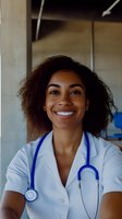 African American female medical professional wearing white coat and blue stethoscope smiles warmly in healthcare setting, representing diversity in medicine.
