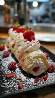 Cream roll dessert garnished with fresh strawberries, raspberries and powdered sugar on black plate. Elegant pastry with whipped cream swirls and berry decoration.