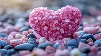 Pink crystal heart shape surrounded by smooth colorful pebbles on beach creating romantic love symbol for Valentine's Day greeting cards and wedding designs.