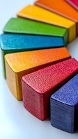 Colorful wooden blocks arranged in rainbow pattern on white background, showing vibrant textured surfaces and geometric shapes for educational or design concepts.