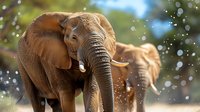 African elephant splashing water with trunk in natural habitat, wildlife conservation and safari adventure concept for nature photography projects.