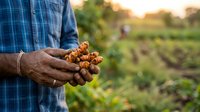 Farmer holding freshly harvested potatoes in hands over cultivated field during harvest season, agricultural produce and farming concept.