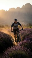 Male cyclist riding mountain bike through lavender field at golden hour sunset with dramatic mountain backdrop for outdoor adventure sports content.