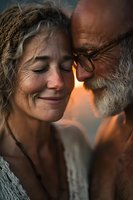 Loving senior couple sharing intimate moment with warm golden light, mature romance and connection in later life for relationship content.