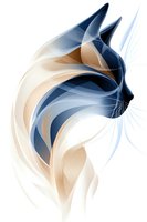 Abstract cat silhouette in blue and beige tones with flowing curves and smooth lines on white background, isolated for graphic design projects.