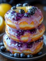 Stack of glazed donuts topped with fresh blueberries and purple berry glaze on dark plate. Sweet breakfast pastry dessert for bakery menu design.