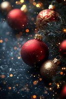 Red and gold ornaments on dark background with pine branches and magical bokeh lights create festive holiday atmosphere. Macro shot with shallow depth of field.