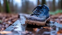 Muddy blue work boot on wet autumn ground covered with fallen leaves and puddles, shallow depth of field macro photography with natural forest background.