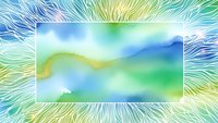 Abstract watercolor landscape with flowing blue and green gradients surrounded by radiating energy lines creating dynamic movement and spiritual atmosphere.