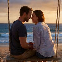Romantic couple sitting on a beach swing at golden sunset, holding hands and sharing an intimate moment by the ocean shore.
