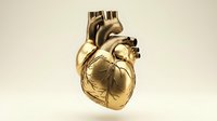 Golden metallic human heart anatomy model with detailed chambers and vessels on neutral background for medical education and healthcare design.