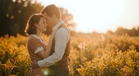 Romantic couple embracing in golden wheat field during sunset, warm light creating intimate moment for wedding, engagement and love concepts.