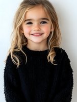 Young girl with blonde wavy hair wearing black knit sweater smiling brightly against white background, natural lighting creates soft portrait suitable for family lifestyle content.