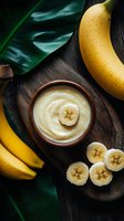 Fresh banana puree in wooden bowl with ripe bananas and tropical leaves on dark wooden background, healthy dessert or baby food concept.