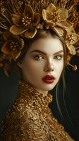Stunning beauty portrait featuring young Caucasian woman in luxurious golden headpiece and ornate dress, perfect for fashion editorials and luxury advertising campaigns.