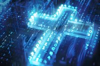 Glowing digital binary code matrix on computer circuit board with blue light effects, representing cybersecurity and data technology concepts.