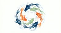 Colorful koi fish swimming in circular formation on white background. Watercolor style aquatic design for zen meditation, feng shui decor and Asian art projects.
