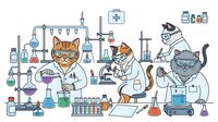 Anthropomorphic cats conducting scientific experiments in laboratory setting with beakers, microscopes, test tubes, and medical equipment. Isolated clipart suitable for educational materials, t-shirts, and design projects.
