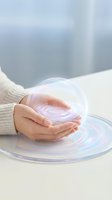 Female hands in beige sweater protecting glowing holographic energy sphere with swirling light patterns on white surface for wellness and spiritual concepts.