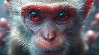Close up portrait of primate face with glowing red eyes and detailed fur texture against blurred background, dramatic lighting creates mysterious atmosphere.