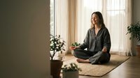 Young Asian woman practicing meditation in peaceful home interior sitting cross-legged on yoga mat near window with natural light and plants.