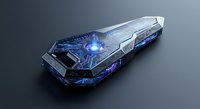Futuristic sci-fi spaceship with glowing blue energy core and metallic hull design for gaming and technology concepts.