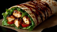 Grilled chicken wrap with fresh lettuce and tomato slices on dark background, appetizing fast food for lunch or dinner.