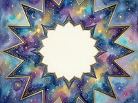 Watercolor celestial star frame with galaxy background, gold ornate border, moon and stars, purple blue cosmic mandala with white center copy space.