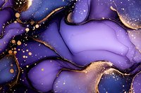Purple and gold abstract fluid art with glitter effect and flowing waves. Luxury marble texture background with shimmering metallic accents and cosmic space design.