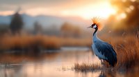 Majestic crowned crane standing in wetland at golden sunset, with soft bokeh effect and warm autumn colors reflecting in calm water surface.
